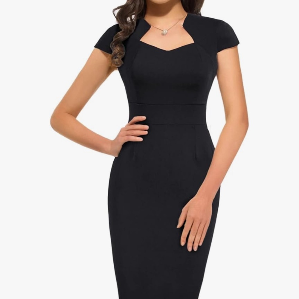 Grace Karin Elegant Black Midi Dress with Cap Sleeves